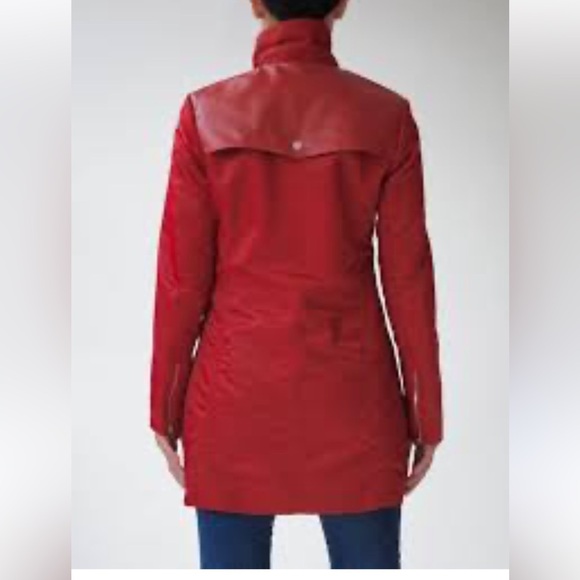 Samantha Sipos Red Leather Trim Coat Small NWT Stand Collar Zip Pockets Luxe - Picture 3 of 7